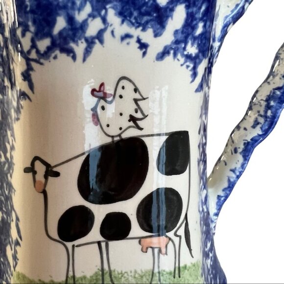 Molly Dallas Pottery Blue Spatterware Folk Art Cow Rooster Pitcher Jug Carafe - Picture 7 of 10